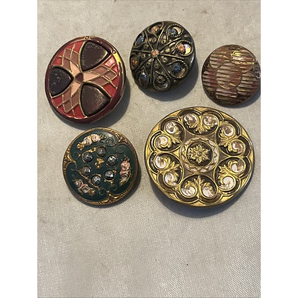 5 Vintage Antique Stamped Metal Painted Buttons C1915 Cut Steel Art Nouveau